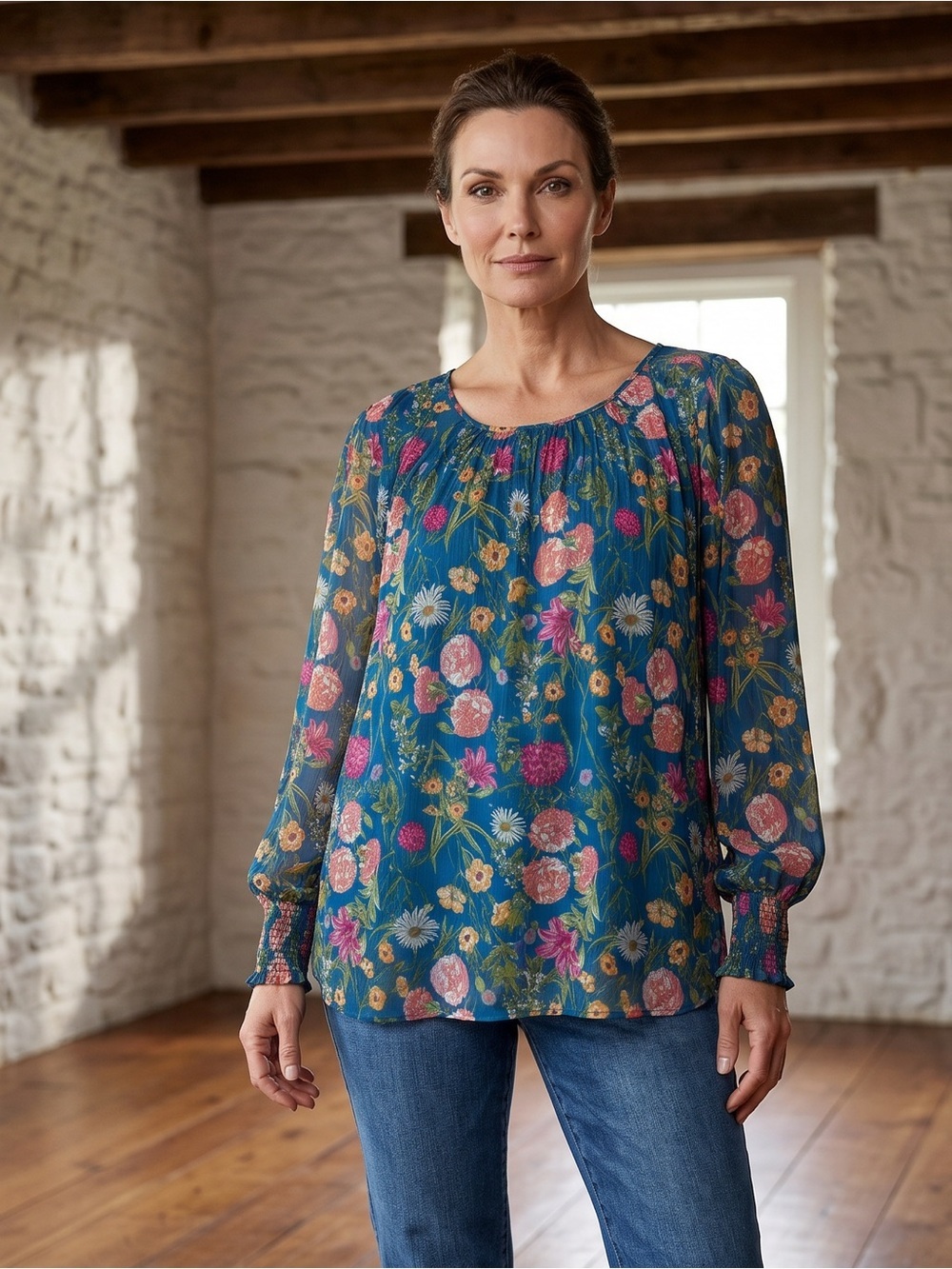 Terra & Sky Botanical Blue Floral Peasant Blouse with Smocked Cuffs